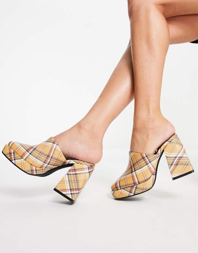 Daisy Street Exclusive platform heel mules in check print