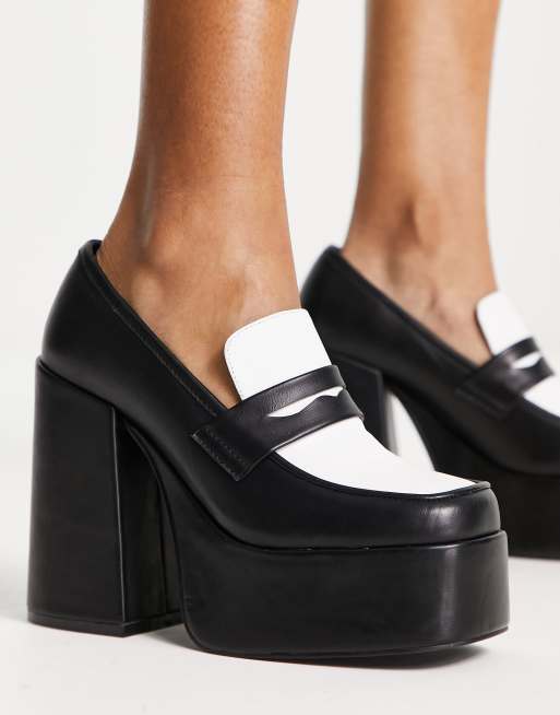 Daisy Street Exclusive platform heeled loafers in monochrome | ASOS