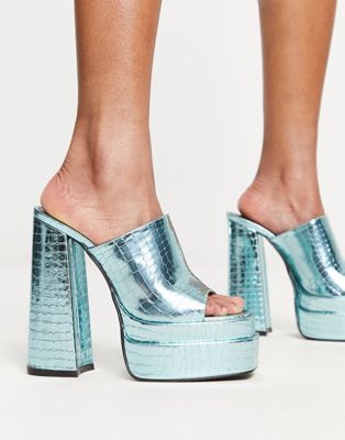 Daisy Street Exclusive Platform Mule Sandals In Blue Croc Metallic