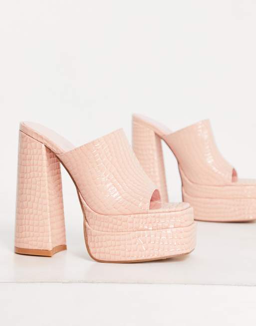 Daisy Street Exclusive platform mule sandals in peach croc