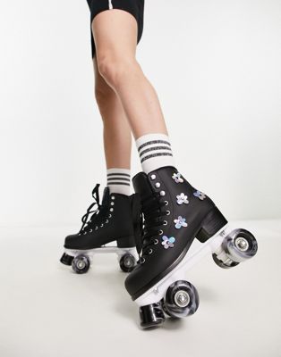 Daisy Street Exclusive roller skates in black with metallic flowers