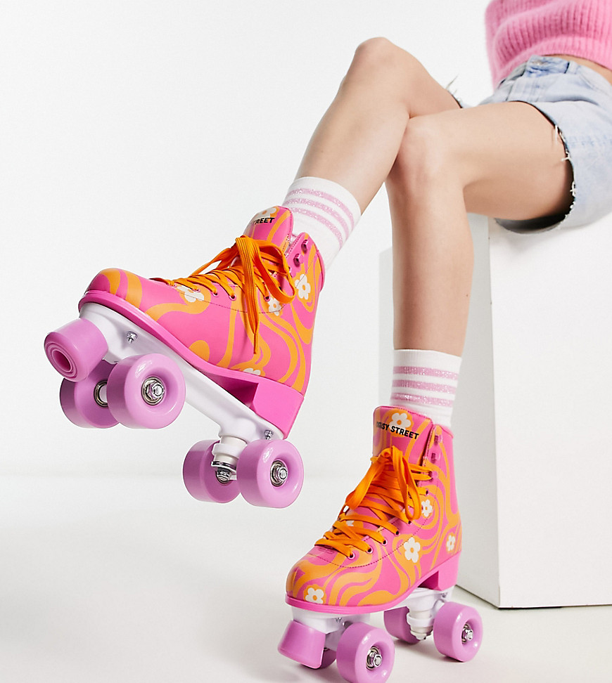 Daisy Street Exclusive roller skates in pink with swirl print flowers