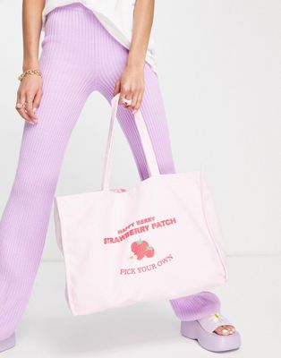 Daisy Street Exclusive tote bag with strawberry print in pink