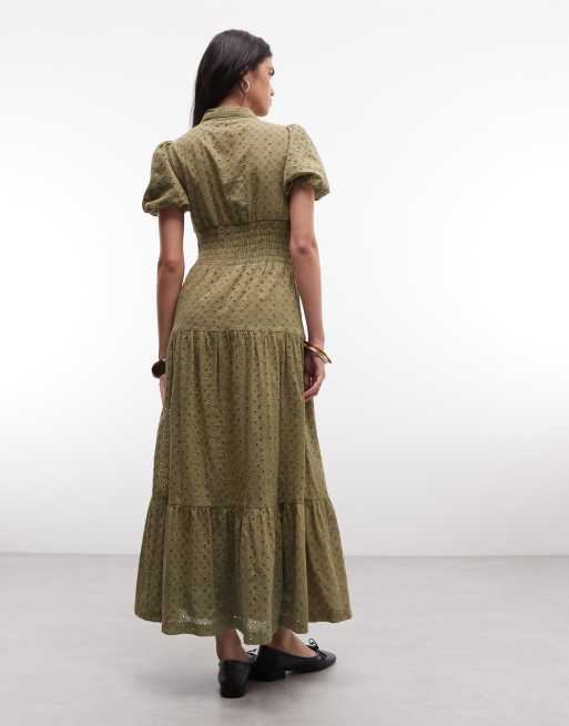 Daisy Street eyelet button down midaxi dress in olive green , 4 of 4