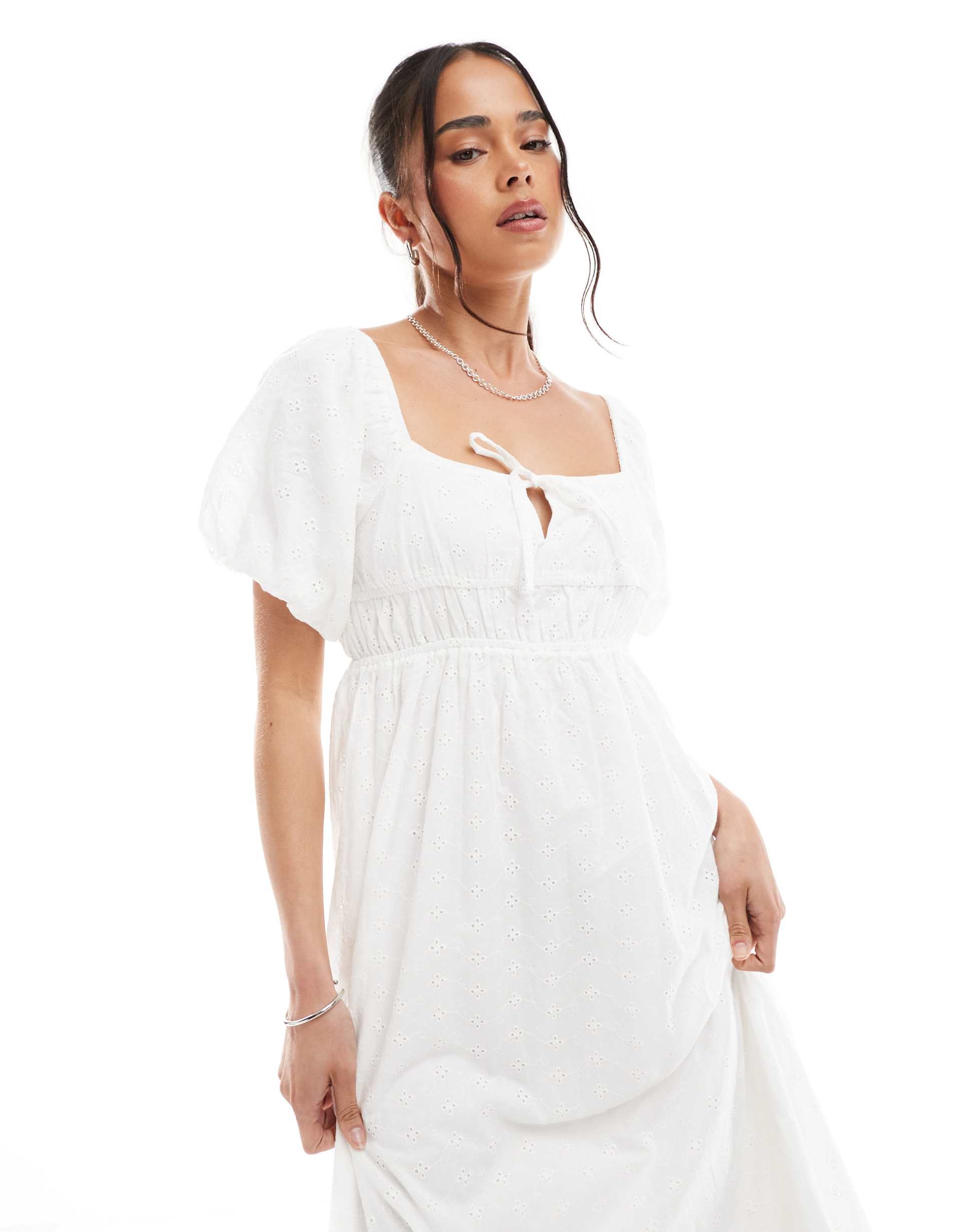 daisy street eyelet puff sleeve midaxi dress with tie bust detail in off white