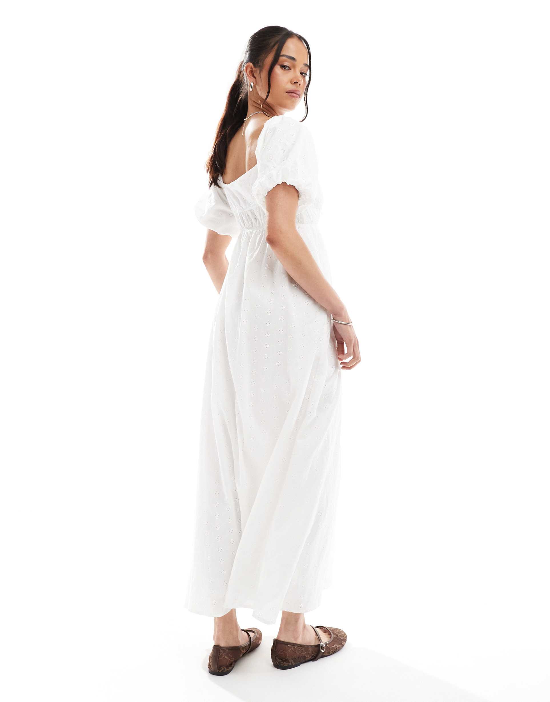 daisy street eyelet puff sleeve midaxi dress with tie bust detail in off white