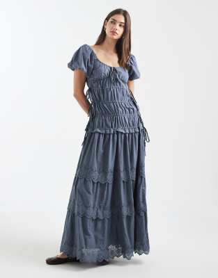 Daisy Street Eyelet Shirred Maxi Dress With Puff Sleeves In Blue