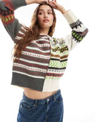 fairisle split knit sweater-Multi