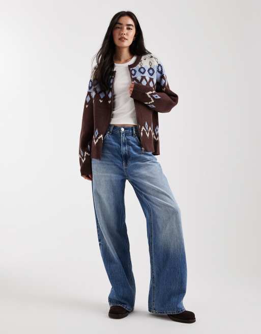 Daisy Street fairisle zip up graphic jumper in brown and blue, 2 of 4