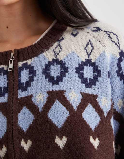 Daisy Street fairisle zip up graphic jumper in brown and blue, 3 of 4