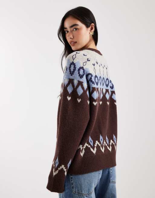 Daisy Street fairisle zip up graphic jumper in brown and blue, 4 of 4
