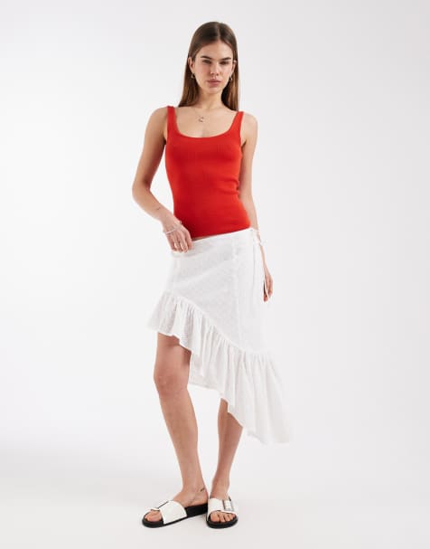Daisy Street - Falda midi blanca asimétrica de estilo boho con bordado inglés - view 1