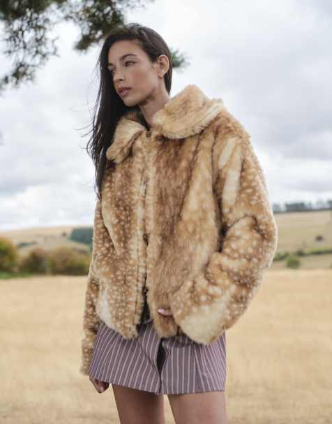 Daisy Street faux fur boxy coat in beige fawn print - view 1