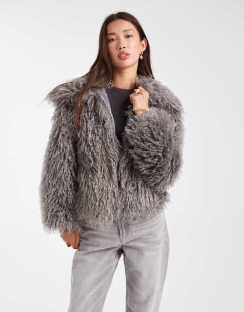 Daisy Street faux fur cocoon coat with rib cuff detail in charcoal grey - view 1