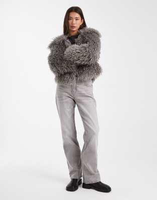Daisy Street Faux Fur Cocoon Coat With Ribbed Cuff Detailing In Gray