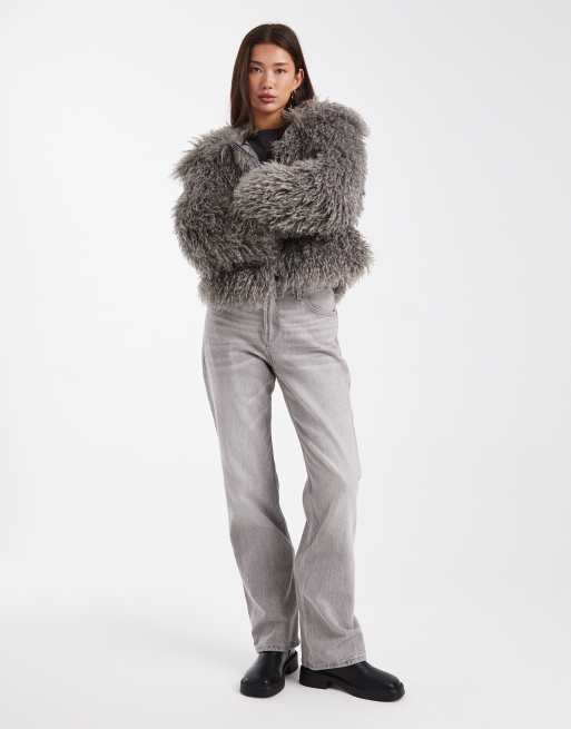 Daisy Street faux fur cocoon coat with ribbed cuff detailing in