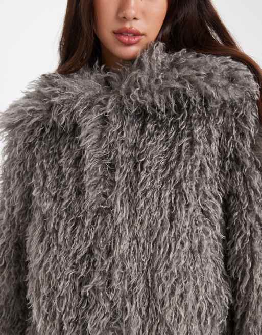 Daisy Street faux fur cocoon coat with ribbed cuff detailing in