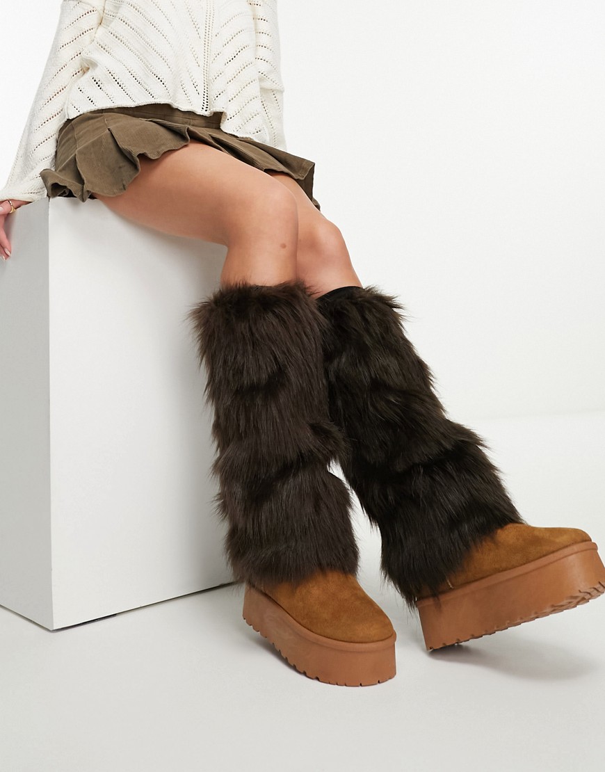 Daisy Street faux fur leg warmers in brown