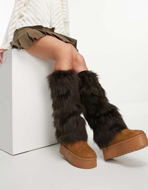 デイジーストリート Daisy Street faux fur leg warmers in brown レディース