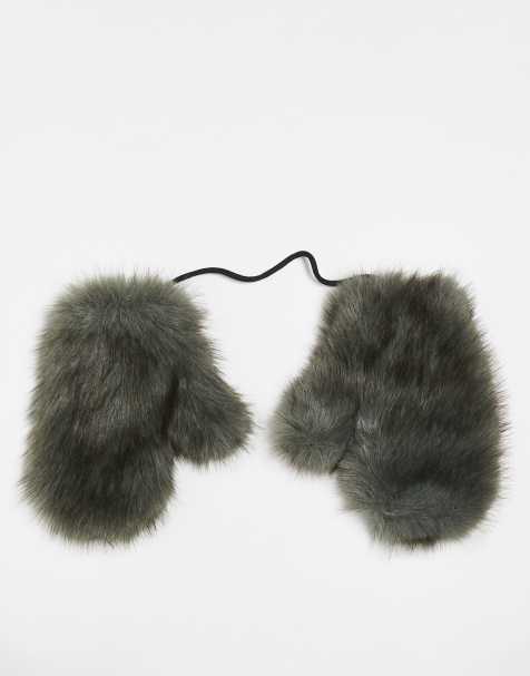 Daisy Street faux fur mittens in dark green - view 1