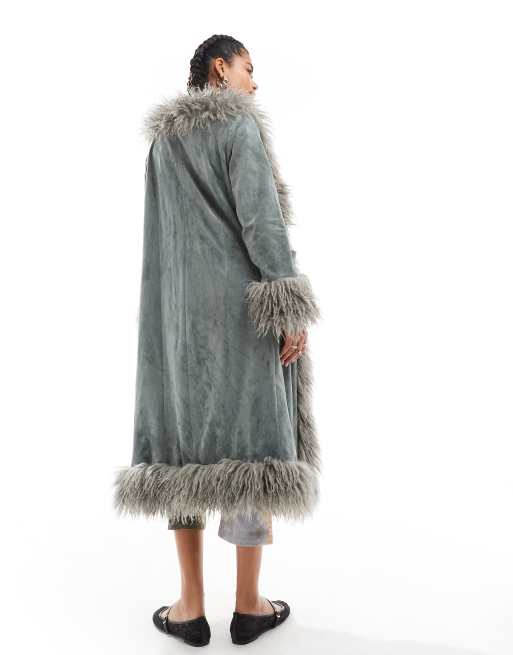 Daisy Street faux suede afghan coat in charcoal, 3 of 4