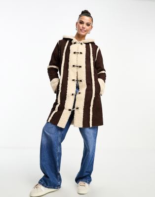 Daisy Street Faux Suede Sherpa Coat With Hood And Toggle Fastening-brown