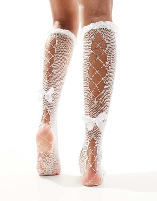 Daisy Street fishnet frill detail socks with satin bow detail in white