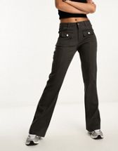 Topshop bengaline double button low rise flare pants in black