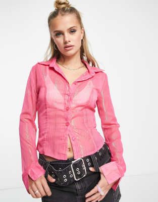 Daisy Street Fitted 90s Shirt In Pink Sheer Stripe-multi