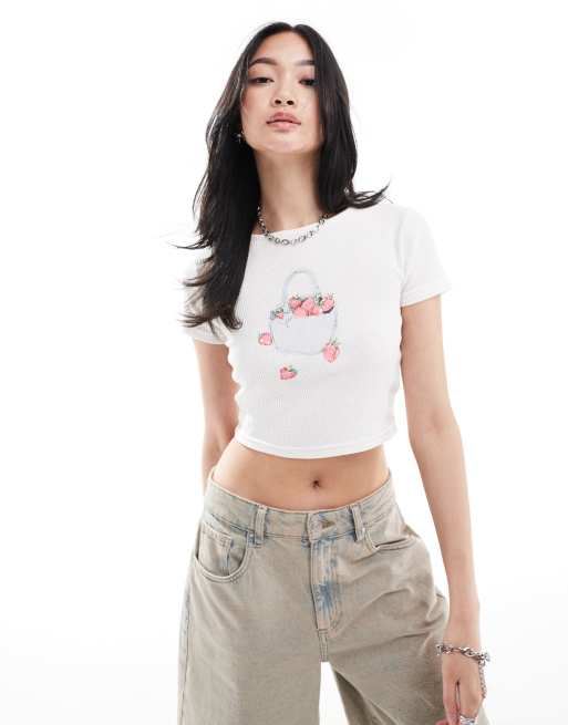 Daisy Street fitted baby T-shirt with strawberry graphic in cream
