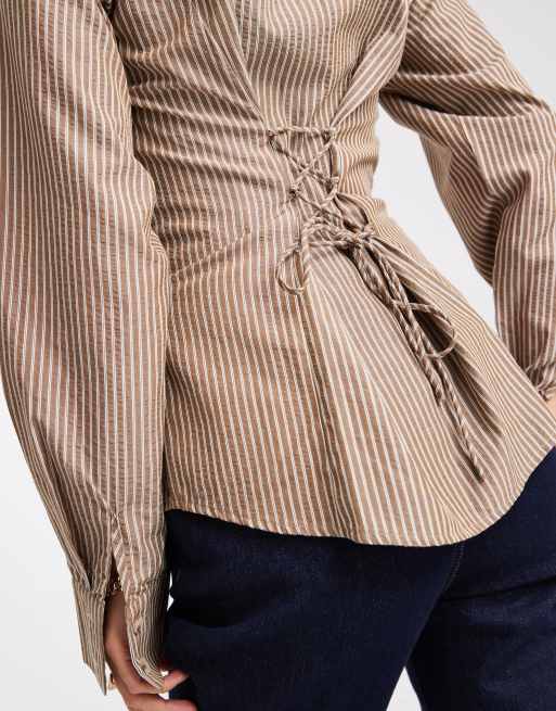 Daisy Street fitted cinched button down shirt with tie detail in stone stripes, 2 of 4