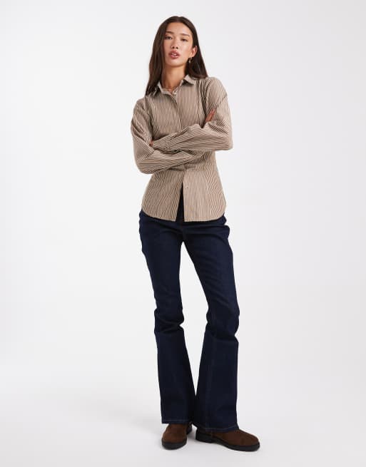 Daisy Street fitted cinched button down shirt with tie detail in stone stripes, 3 of 4