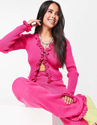 Daisy Street fitted crop cardigan with frill detail in hot pink knit co-ord