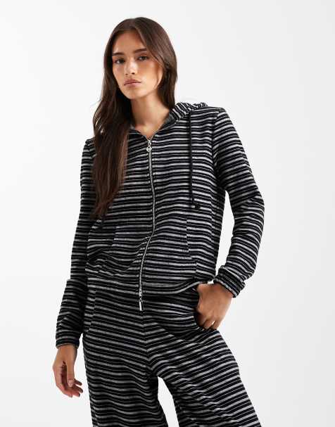 Daisy Street fitted hooded zip up top in charcoal stripes - part of a set - view 1