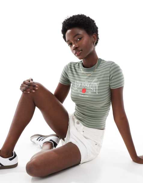 Daisy Street fitted longline baby tee in green stripe - view 1