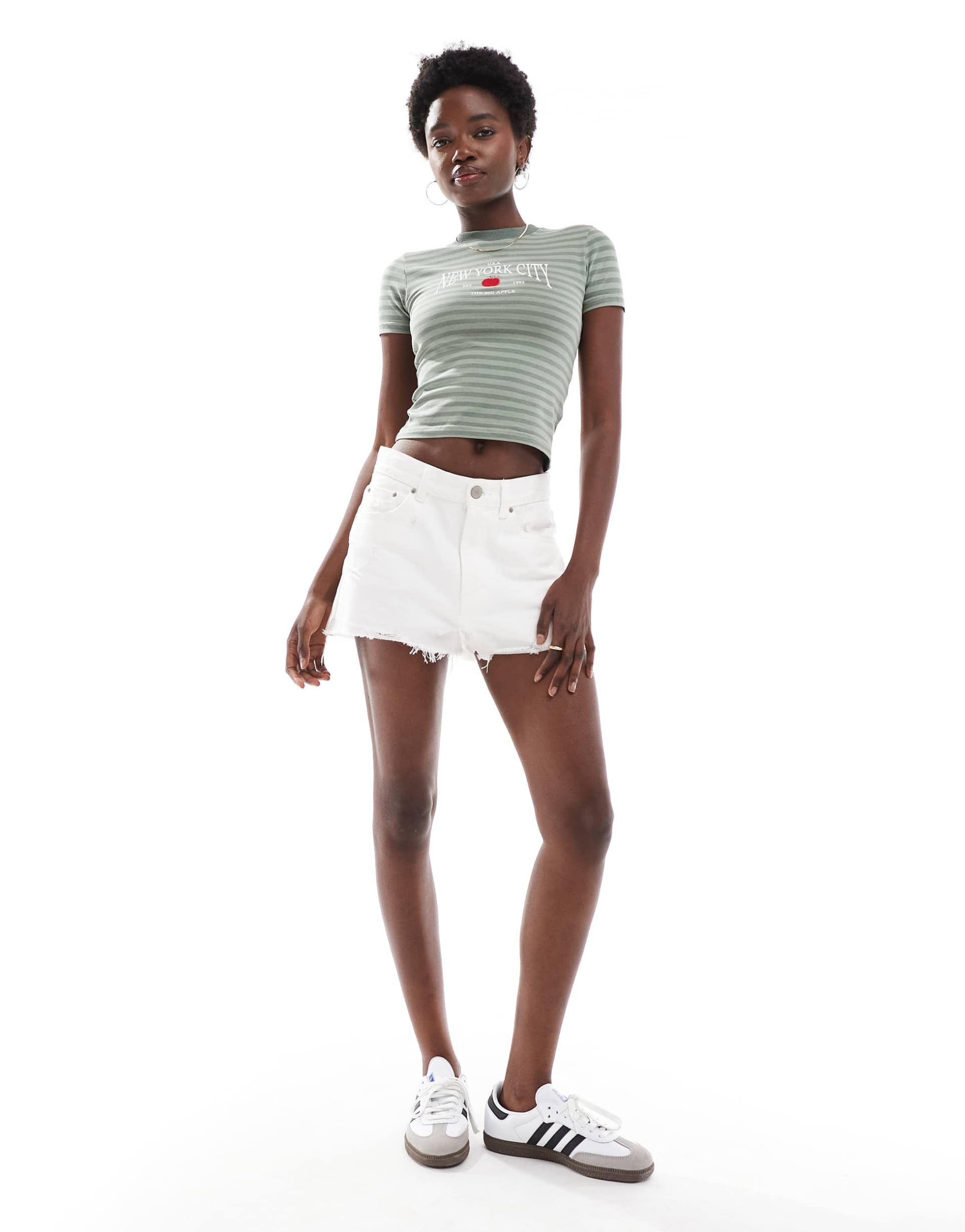 daisy street fitted longline baby tee in green stripe