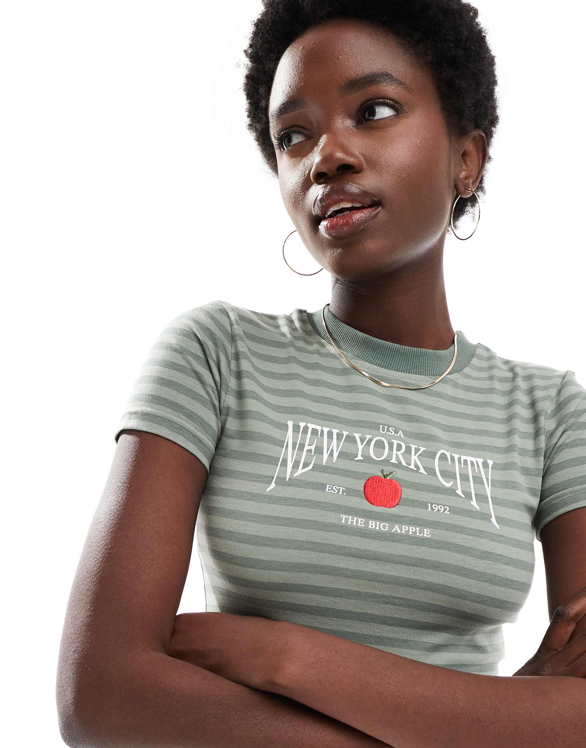 daisy street fitted longline baby tee in green stripe
