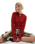 [Daisy Street] Daisy Street fitted pullover rib knit jumper with toggle detail keyhole-Red 14 RED