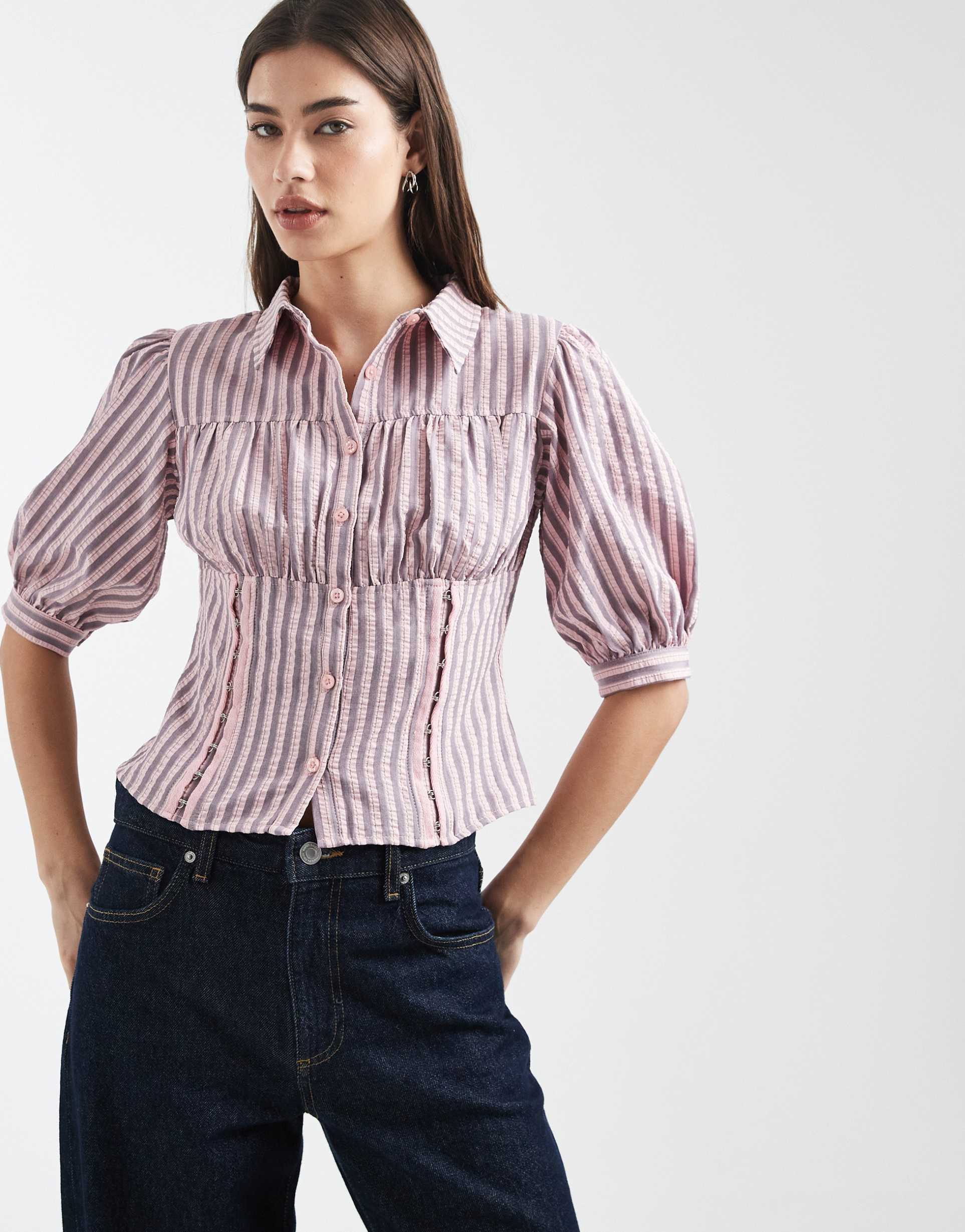 daisy street fitted shirt with puff sleeves and corset detailing in pink stripe