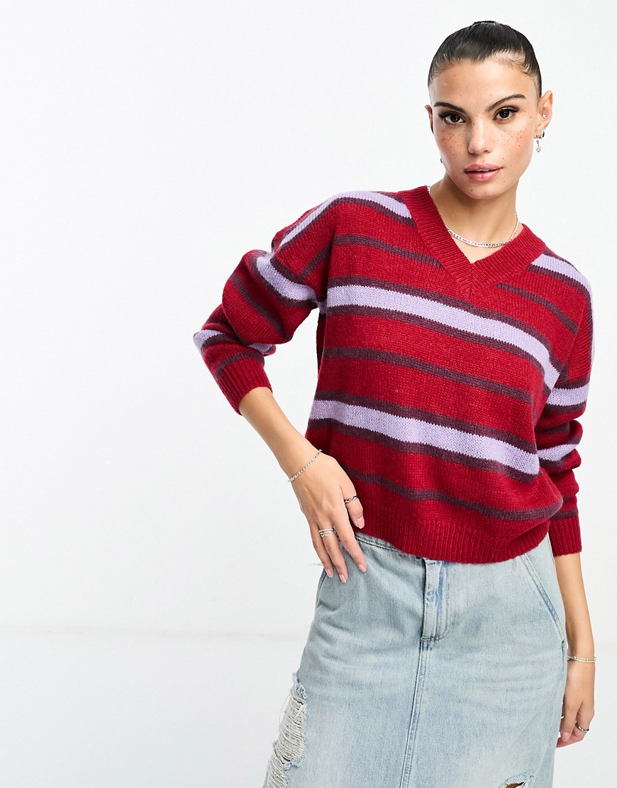 Daisy Street fitted v neck jumper in fluffy stripe knit-Multi