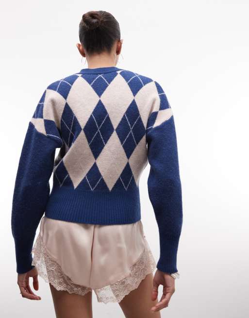 Daisy Street fitted waist cardigan in argyle, 4 of 4