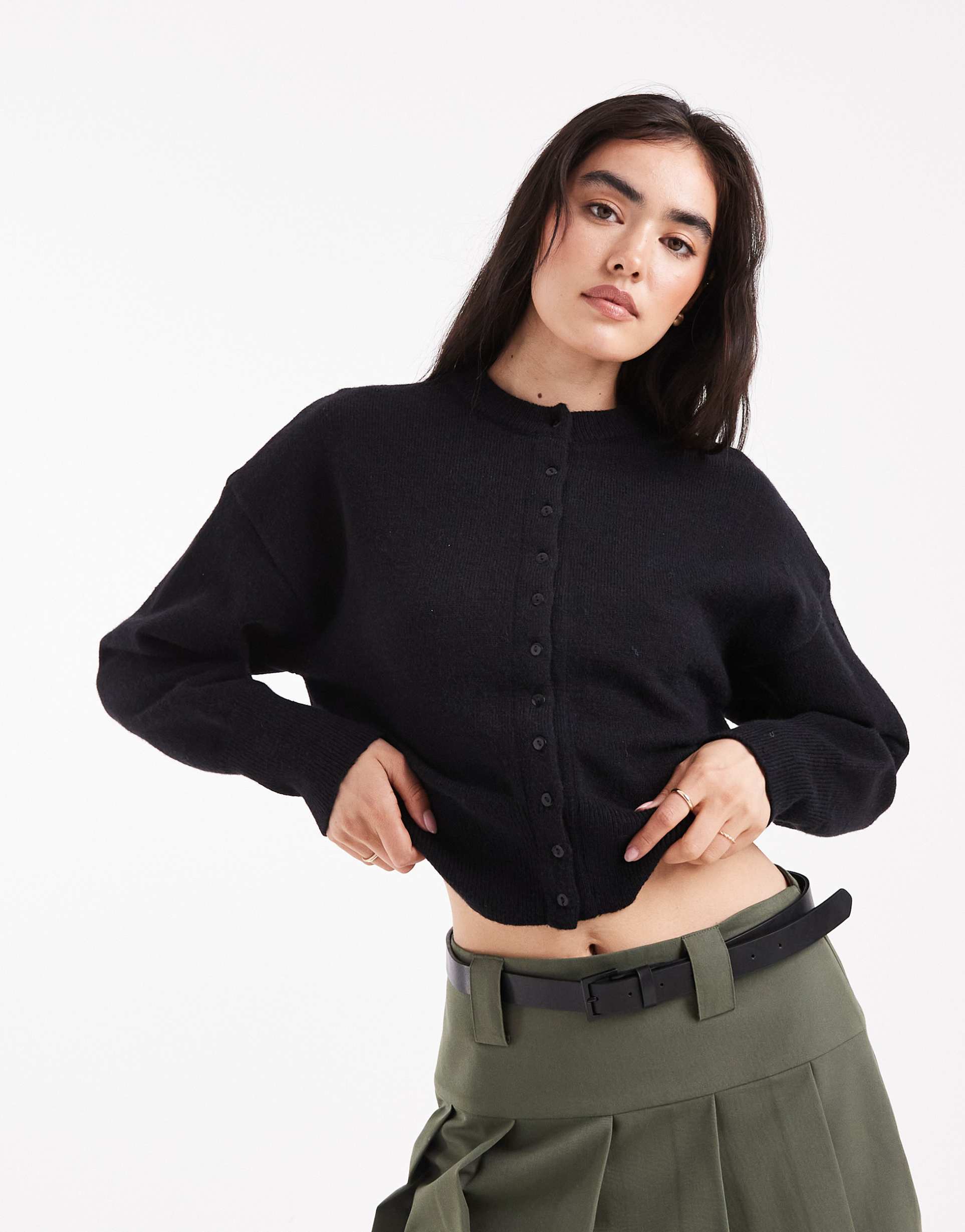 daisy street fitted waist cardigan in black