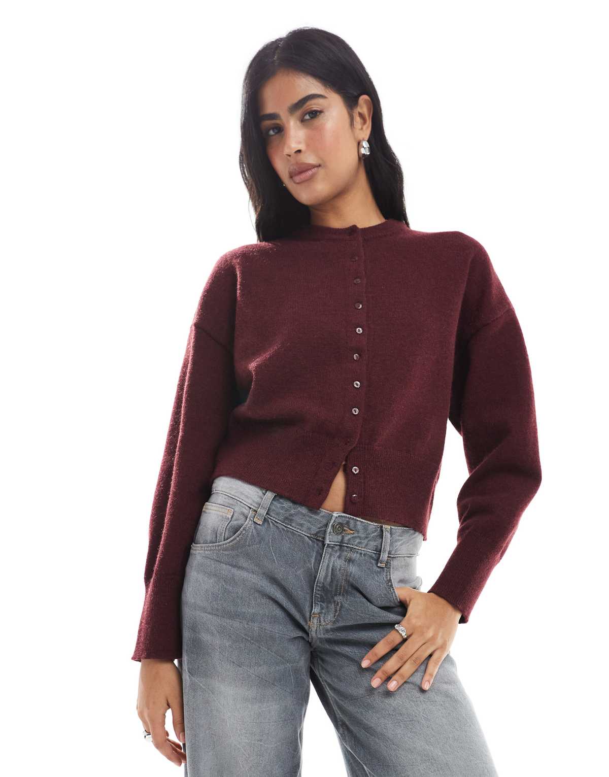 Daisy Street fitted waist cardigan in burgundy