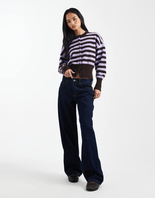 Daisy Street fitted waist cardigan in lilac brown stripe, 2 of 4