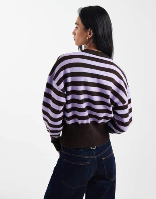 Daisy Street fitted waist cardigan in lilac brown stripe, 3 of 4
