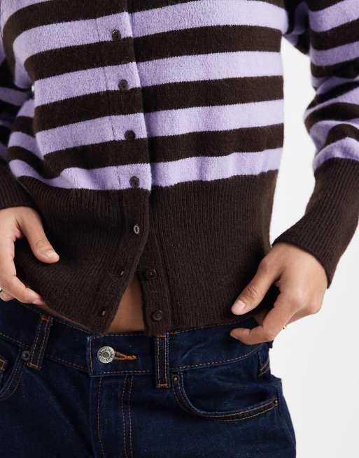 Daisy Street fitted waist cardigan in lilac brown stripe, 4 of 4