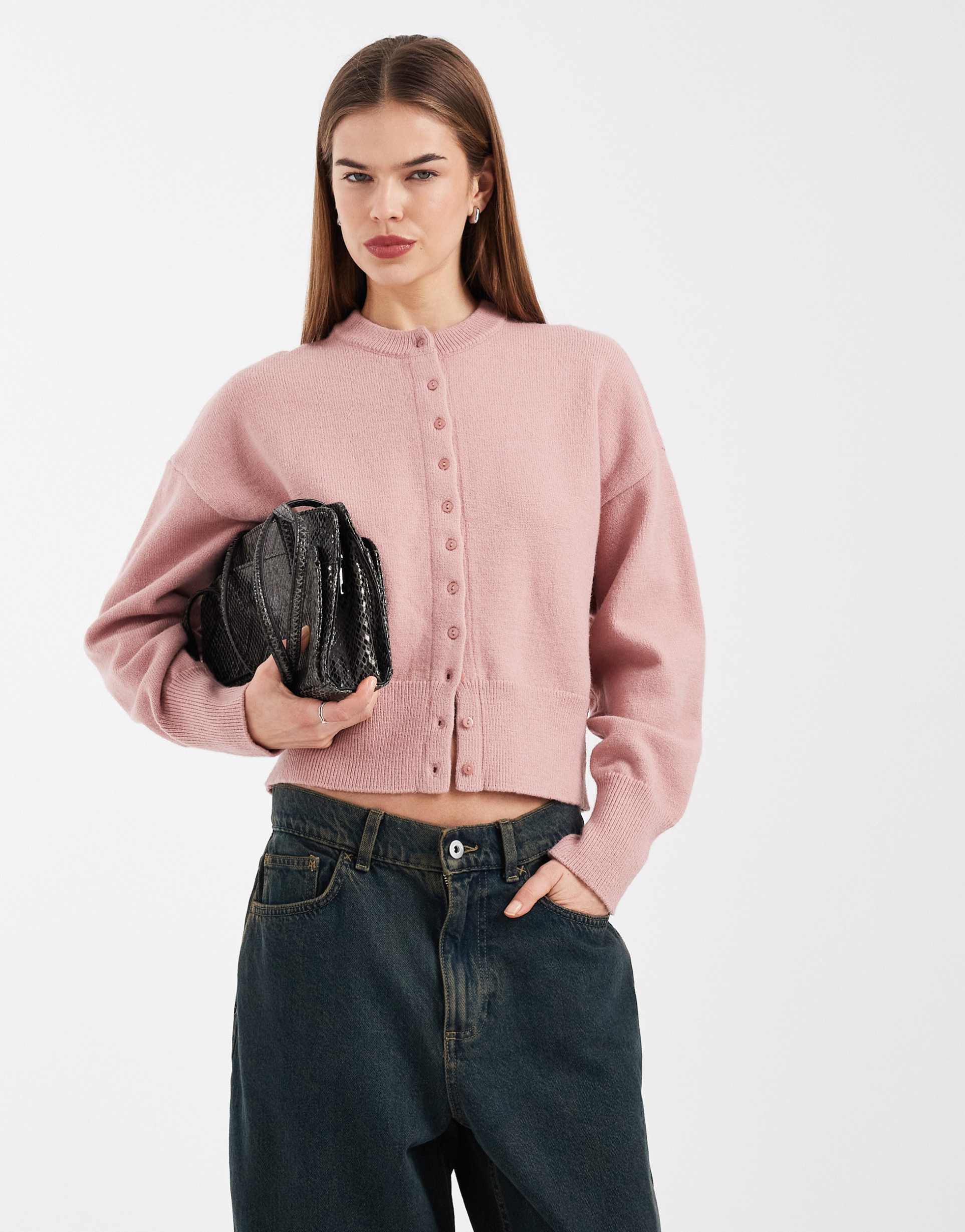 daisy street fitted waist cardigan in mauve pink