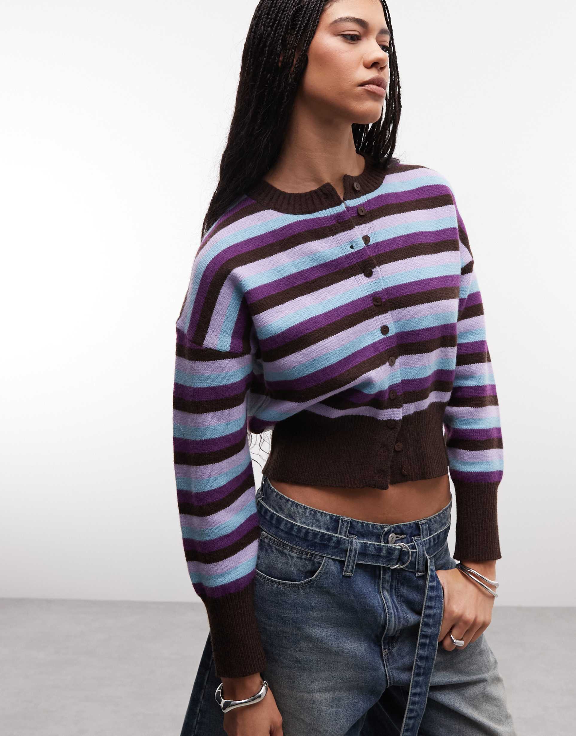 daisy street fitted waist cardigan in multi stripes