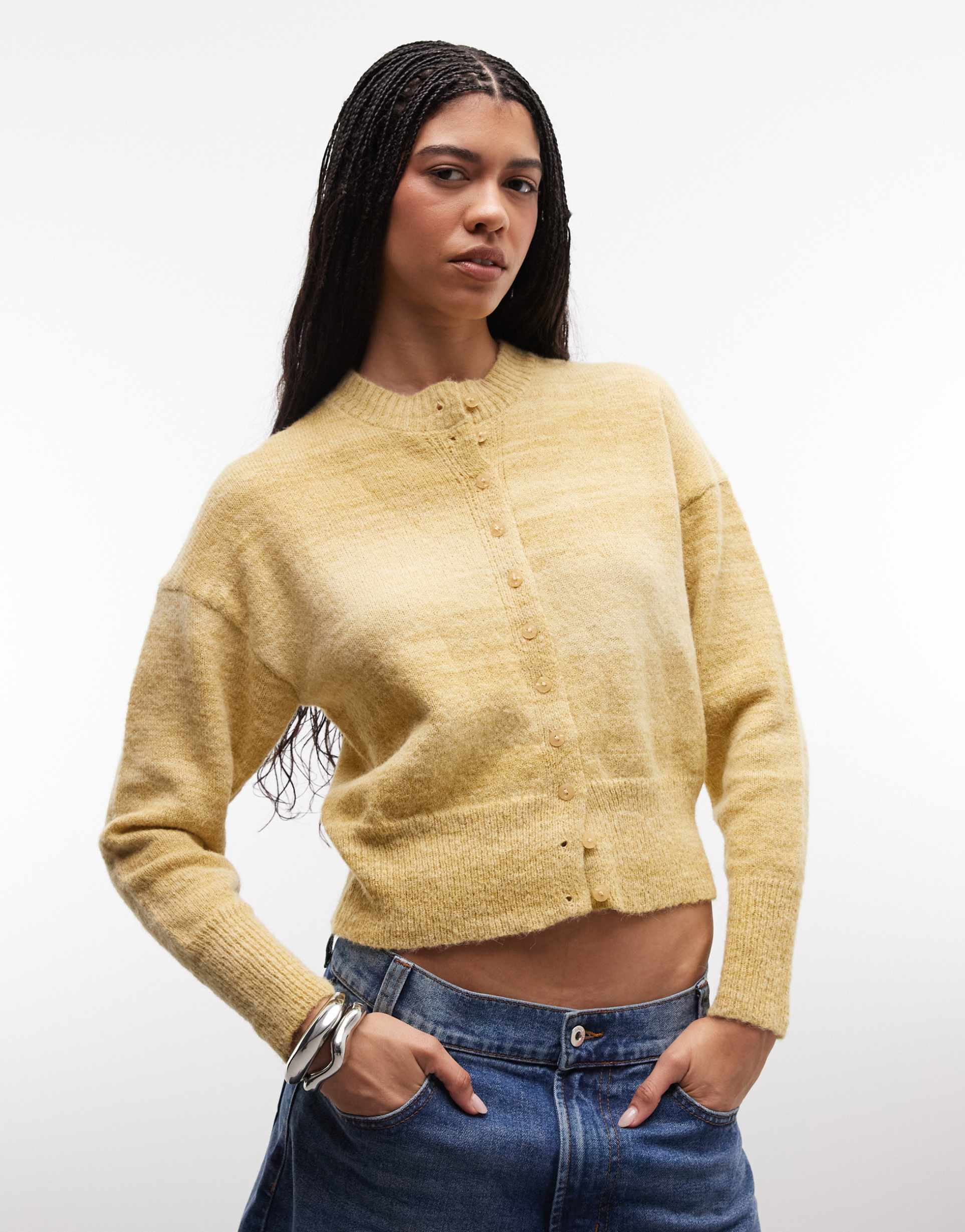daisy street fitted waist cardigan in muted yellow