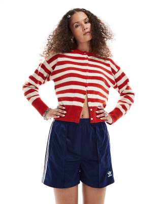 Daisy Street Fitted Waist Cardigan In Red White Stripe-multi